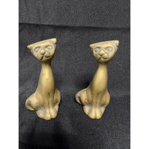Vintage Mid Century Modern Solid Brass Pair of Cat Figurines 3.5"